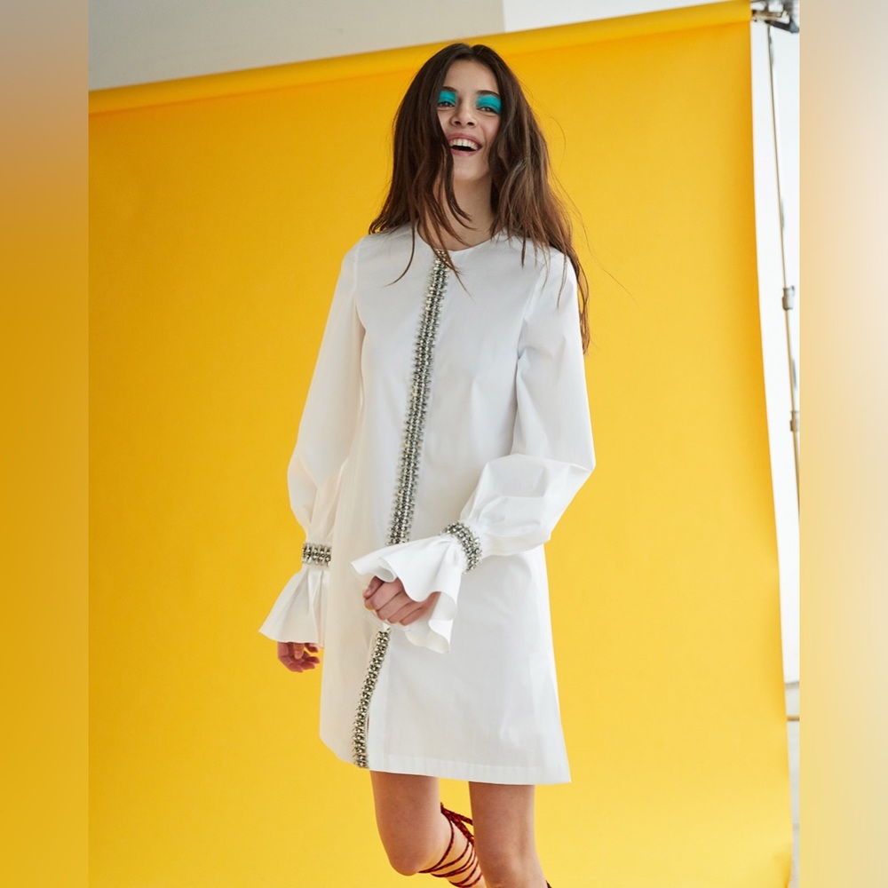 Carolina Herrera Crystal Embellished Cotton Blend Poplin Mini Dress Sz 8 $1,990